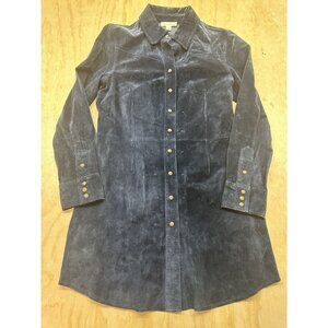 Cold water Creek Blue Leather Suede Dress Medium Snap Gold Buttons Knee Length